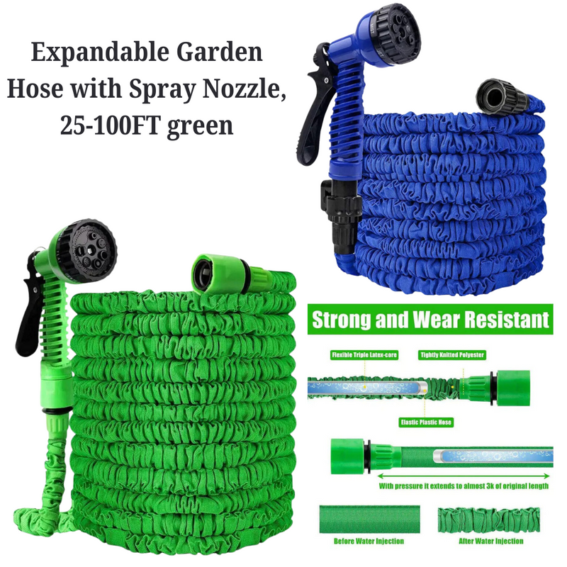 Expandable Garden Hose with Spray Nozzle, 25-100FT