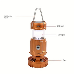 Hand Crank Solar Camping Lantern with Fan, LED Torch, USB Charger