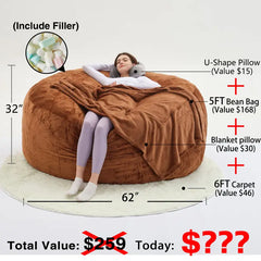 Giant 5FT Bean Bag Chair with Filler, U-Shape Pillow, Blanket Pillow, and 6FT Carpet